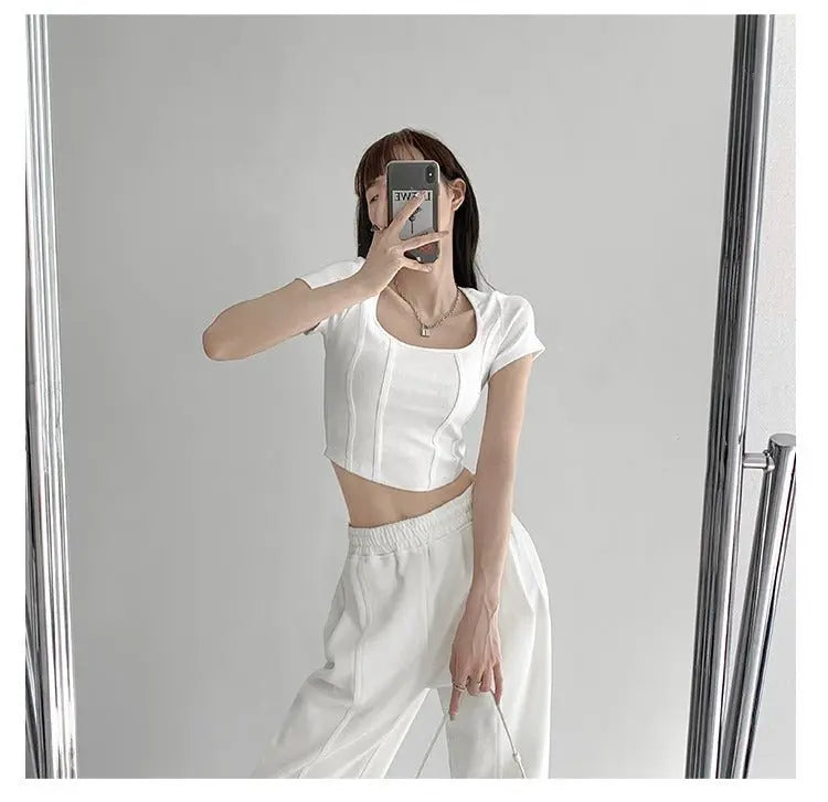 Vintaege Y2K Tops Women Summer Square Collar Short Sleeve T-shirt Fishbone Line Slim Crop - Blade & Thread