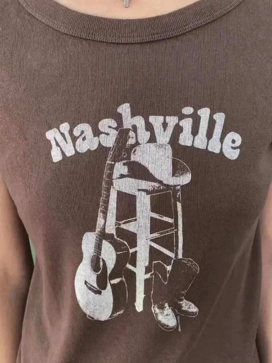 Vintage Brown Guitar Print Slim Tee Tops Women nowadaysfashion