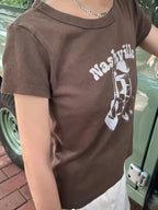 Vintage Brown Guitar Print Slim Tee Tops Women nowadaysfashion