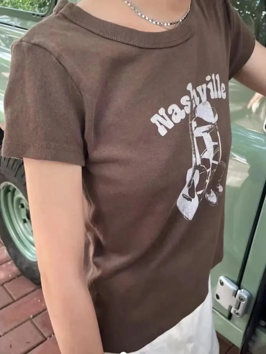 Vintage Brown Guitar Print Slim Tee Tops Women - Blade & Thread
