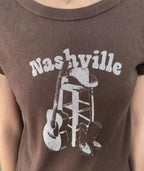 Vintage Brown Guitar Print Slim Tee Tops Women nowadaysfashion