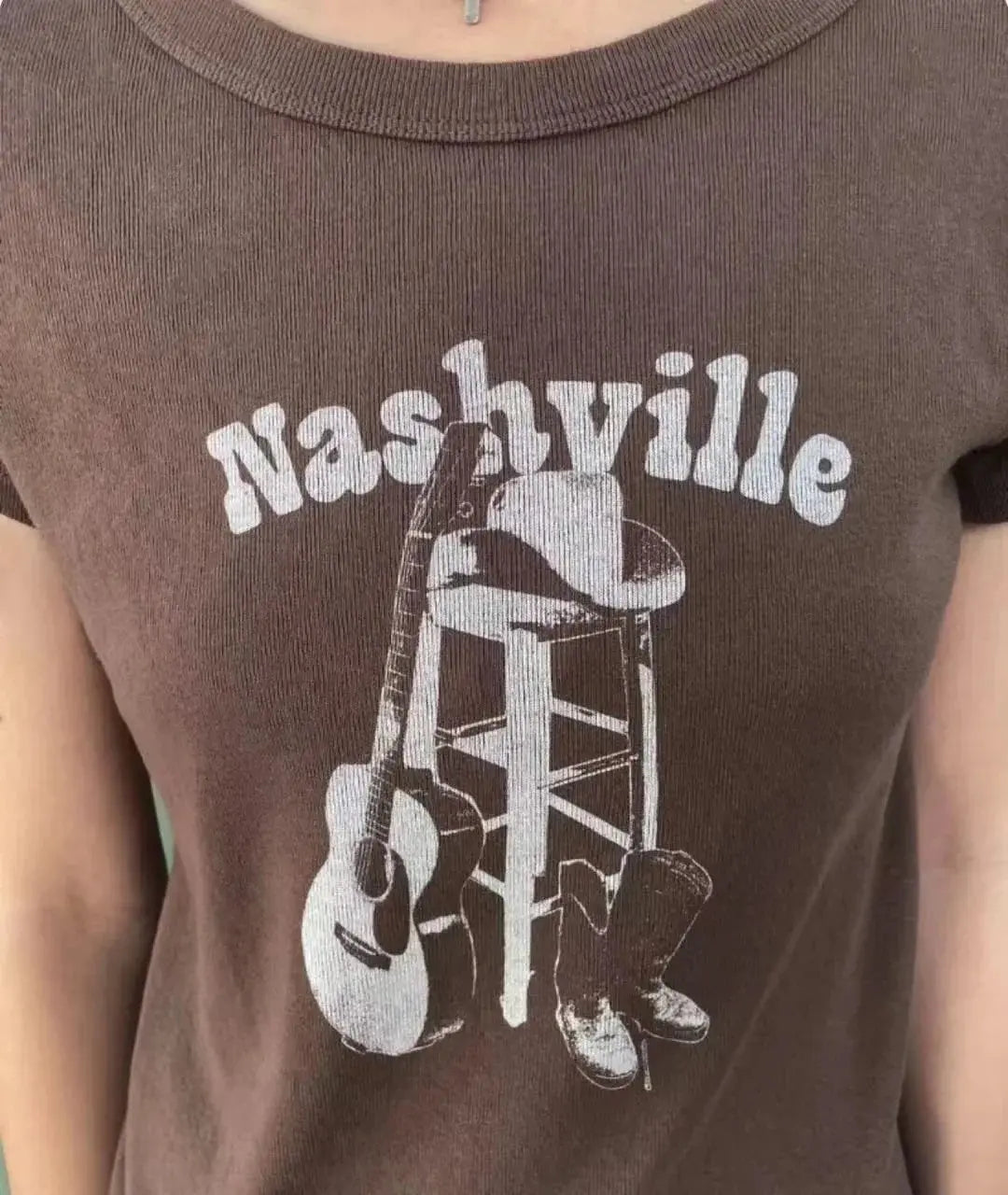 Vintage Brown Guitar Print Slim Tee Tops Women - Blade & Thread