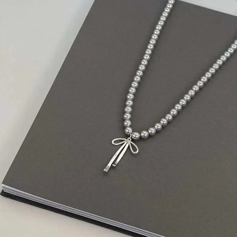 Vintage Grey Pearl Bowknot Pendant Necklace - Blade & Thread