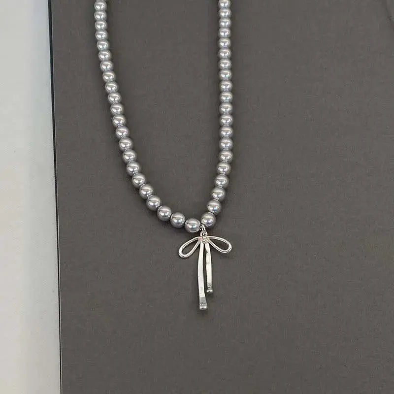 Vintage Grey Pearl Bowknot Pendant Necklace nowadaysfashion