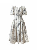 Vintage O-neck Single-breasted Summer Puff Sleeve Slim Women A-line Dress vestidos femme nowadaysfashion