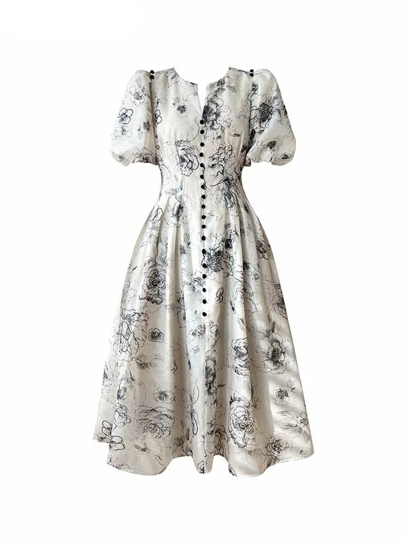 Vintage O-neck Single-breasted Summer Puff Sleeve Slim Women A-line Dress vestidos femme - Blade & Thread