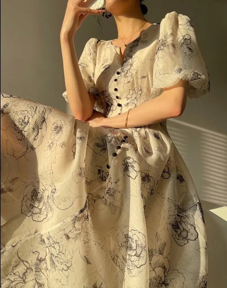 Vintage O-neck Single-breasted Summer Puff Sleeve Slim Women A-line Dress vestidos femme nowadaysfashion