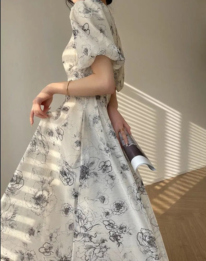 Vintage O-neck Single-breasted Summer Puff Sleeve Slim Women A-line Dress vestidos femme - Blade & Thread