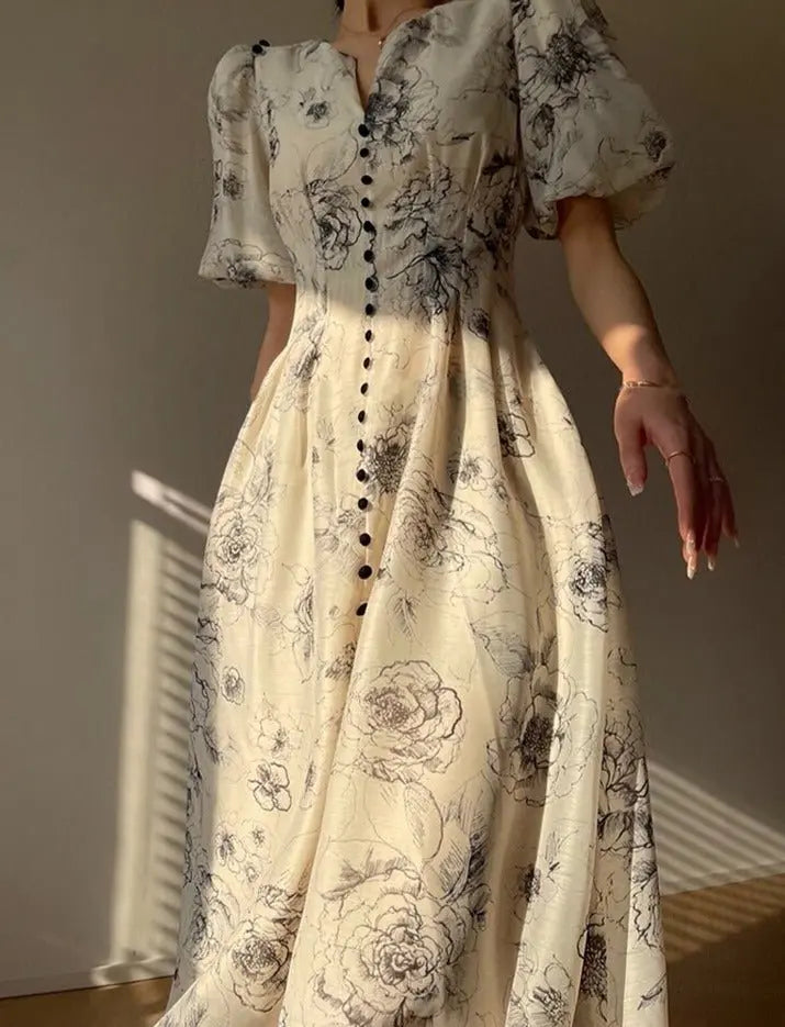 Vintage O-neck Single-breasted Summer Puff Sleeve Slim Women A-line Dress vestidos femme nowadaysfashion