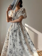 Vintage O-neck Single-breasted Summer Puff Sleeve Slim Women A-line Dress vestidos femme nowadaysfashion
