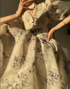 Vintage O-neck Single-breasted Summer Puff Sleeve Slim Women A-line Dress vestidos femme nowadaysfashion