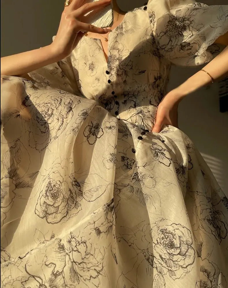 Vintage O-neck Single-breasted Summer Puff Sleeve Slim Women A-line Dress vestidos femme nowadaysfashion