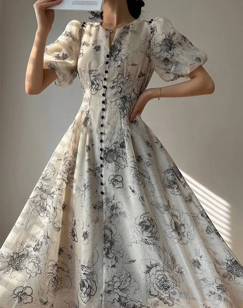 Vintage O-neck Single-breasted Summer Puff Sleeve Slim Women A-line Dress vestidos femme - Blade & Thread