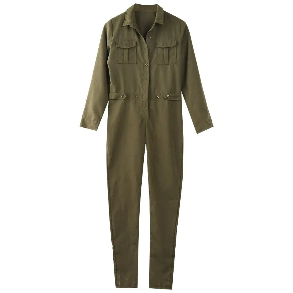 Vintage Romper Long Pants Women Slim Bodycon Long Sleeve Army Green Solid Jumpsuit - Blade & Thread
