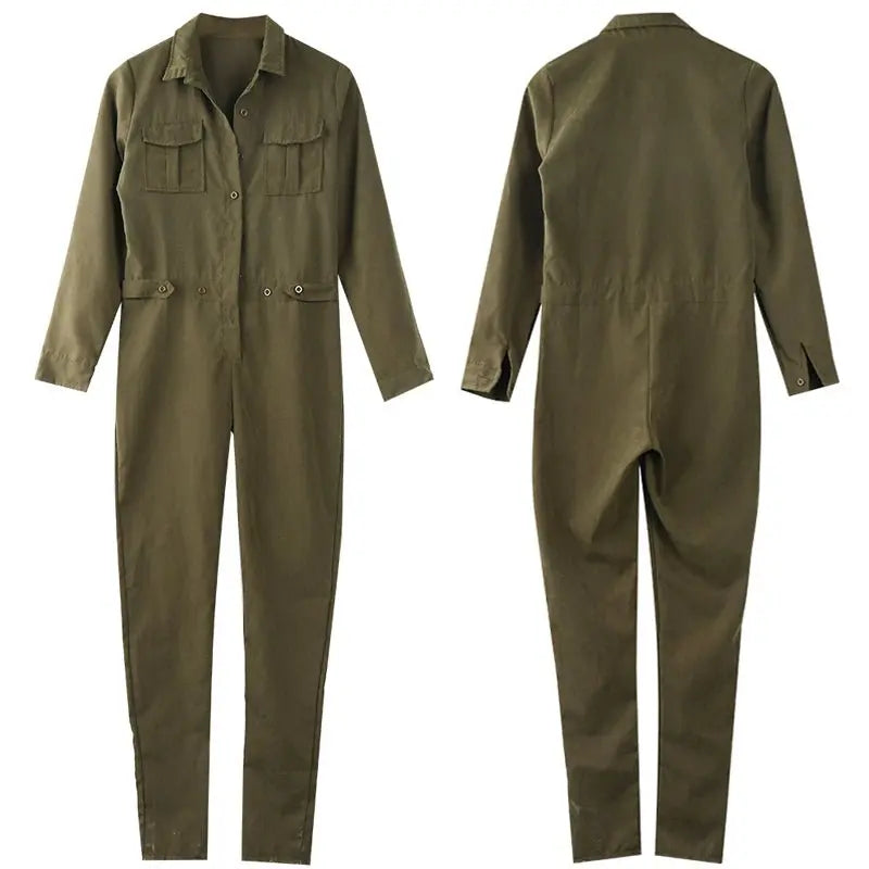 Vintage Romper Long Pants Women Slim Bodycon Long Sleeve Army Green Solid Jumpsuit - Blade & Thread