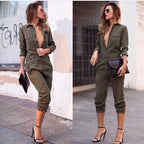 Vintage Romper Long Pants Women Slim Bodycon Long Sleeve Army Green Solid Jumpsuit nowadaysfashion
