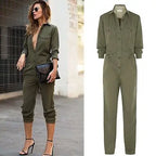 Vintage Romper Long Pants Women Slim Bodycon Long Sleeve Army Green Solid Jumpsuit nowadaysfashion
