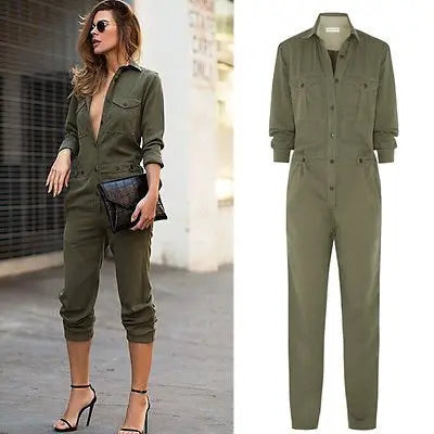 Vintage Romper Long Pants Women Slim Bodycon Long Sleeve Army Green Solid Jumpsuit nowadaysfashion