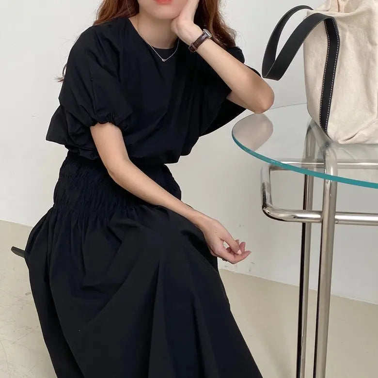 Vintage Sets Women Outfits Puff Sleeve Crop Top and Elastic Waist Pleat Long A-line Skirt - Blade & Thread