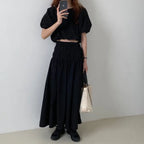 Vintage Sets Women Outfits Puff Sleeve Crop Top and Elastic Waist Pleat Long A-line Skirt nowadaysfashion