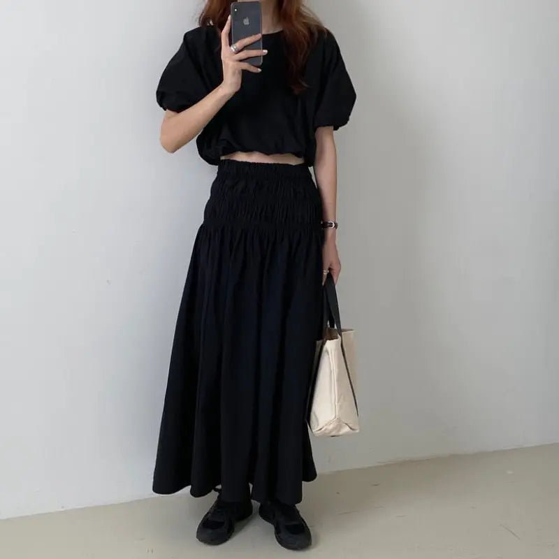 Vintage Sets Women Outfits Puff Sleeve Crop Top and Elastic Waist Pleat Long A-line Skirt - Blade & Thread