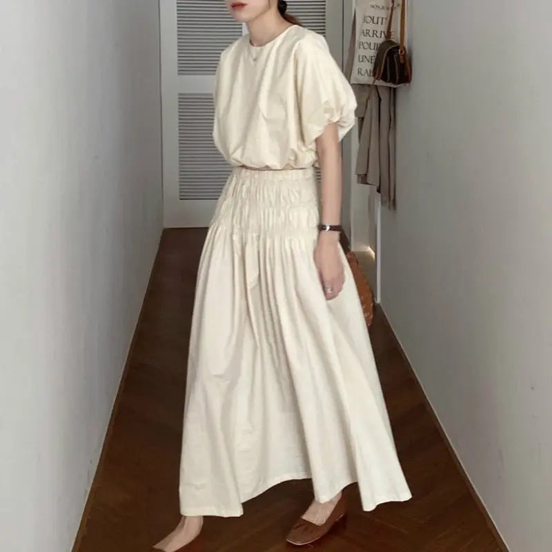 Vintage Sets Women Outfits Puff Sleeve Crop Top and Elastic Waist Pleat Long A-line Skirt - Blade & Thread
