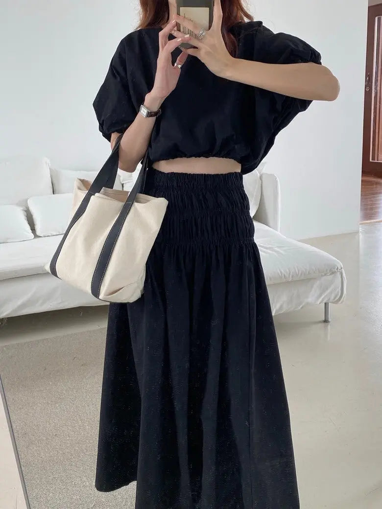 Vintage Sets Women Outfits Puff Sleeve Crop Top and Elastic Waist Pleat Long A-line Skirt - Blade & Thread