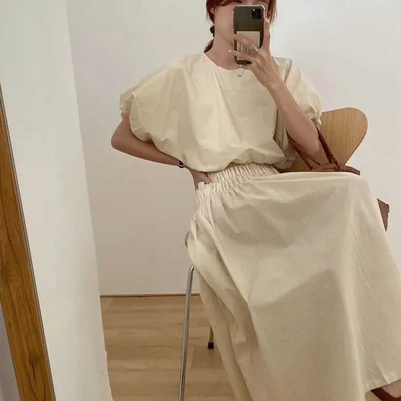 Vintage Sets Women Outfits Puff Sleeve Crop Top and Elastic Waist Pleat Long A-line Skirt - Blade & Thread