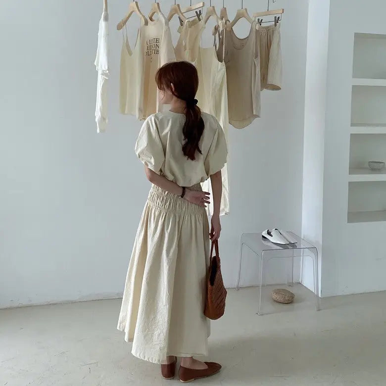 Vintage Sets Women Outfits Puff Sleeve Crop Top and Elastic Waist Pleat Long A-line Skirt nowadaysfashion