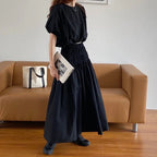 Vintage Sets Women Outfits Puff Sleeve Crop Top and Elastic Waist Pleat Long A-line Skirt nowadaysfashion