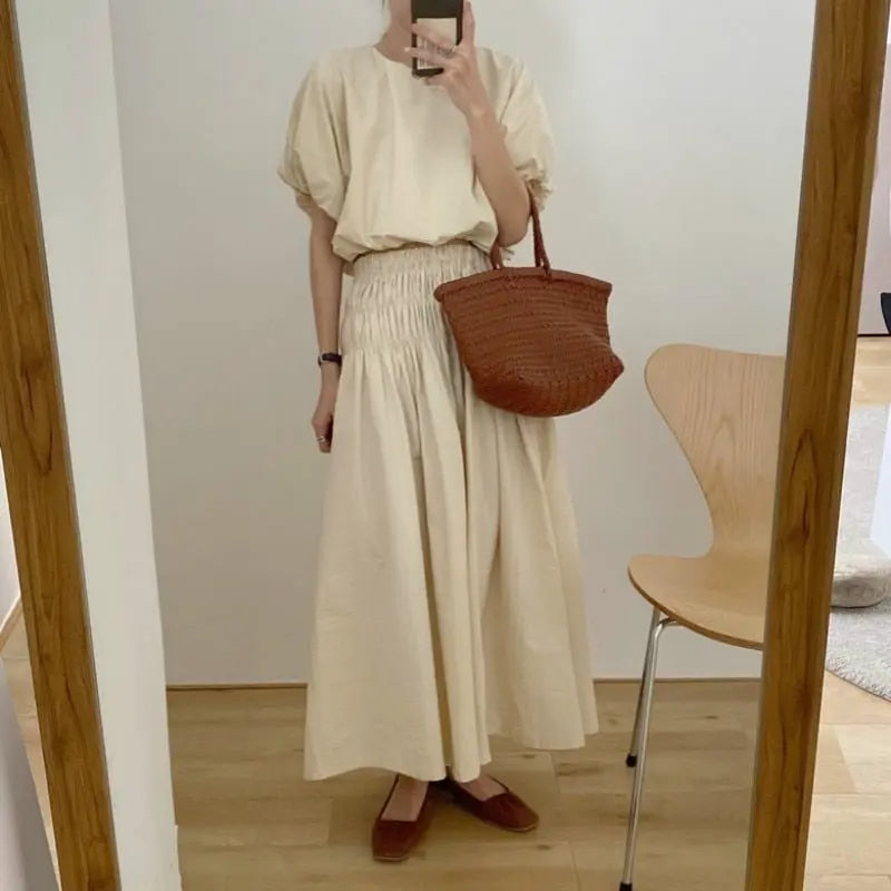 Vintage Sets Women Outfits Puff Sleeve Crop Top and Elastic Waist Pleat Long A-line Skirt - Blade & Thread
