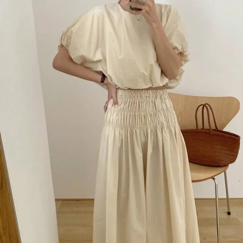 Vintage Sets Women Outfits Puff Sleeve Crop Top and Elastic Waist Pleat Long A-line Skirt - Blade & Thread