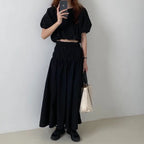 Vintage Sets Women Outfits Puff Sleeve Crop Top and Elastic Waist Pleat Long A-line Skirt nowadaysfashion