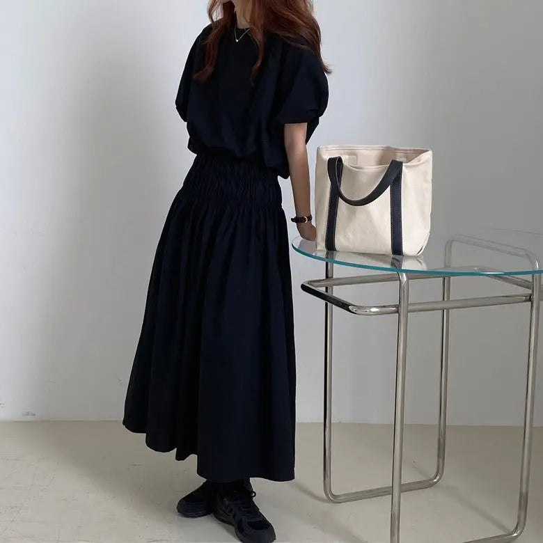 Vintage Sets Women Outfits Puff Sleeve Crop Top and Elastic Waist Pleat Long A-line Skirt - Blade & Thread