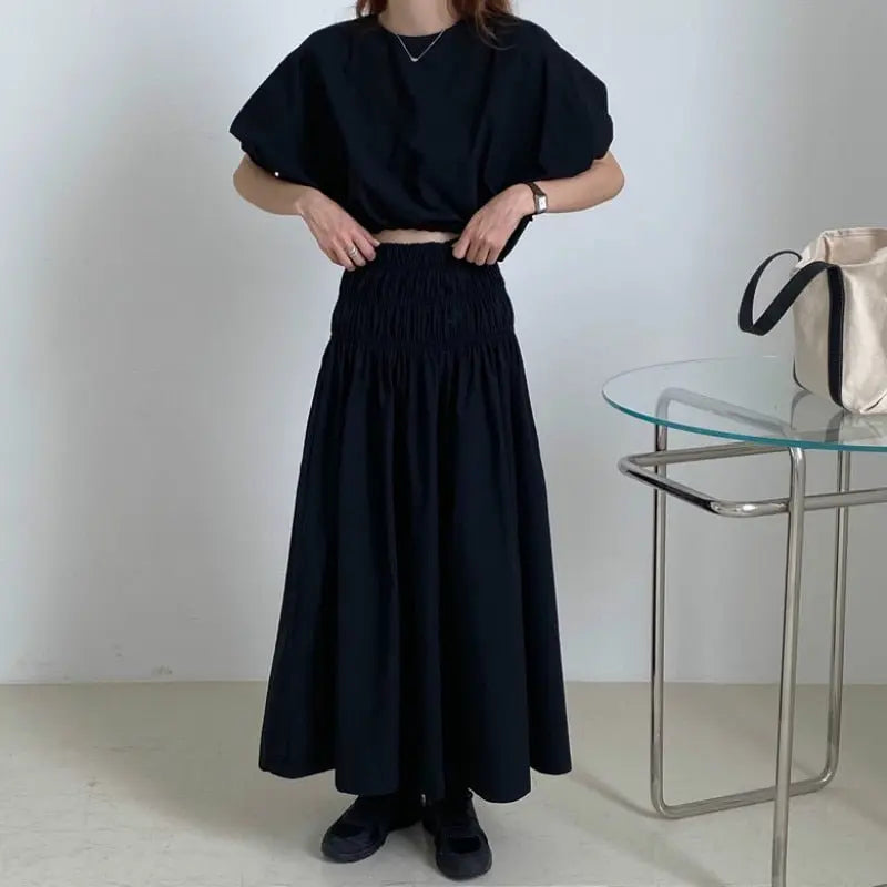 Vintage Sets Women Outfits Puff Sleeve Crop Top and Elastic Waist Pleat Long A-line Skirt nowadaysfashion