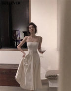 Vintage Spaghetti Strap A-line Dress Summer Slim Waist  Sleeveless Mid-Length vestidos nowadaysfashion