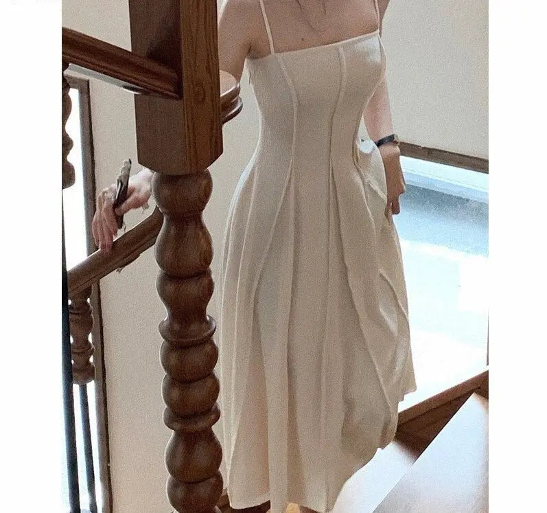 Vintage Spaghetti Strap A-line Dress Summer Slim Waist Sleeveless Mid-Length vestidos - Blade & Thread