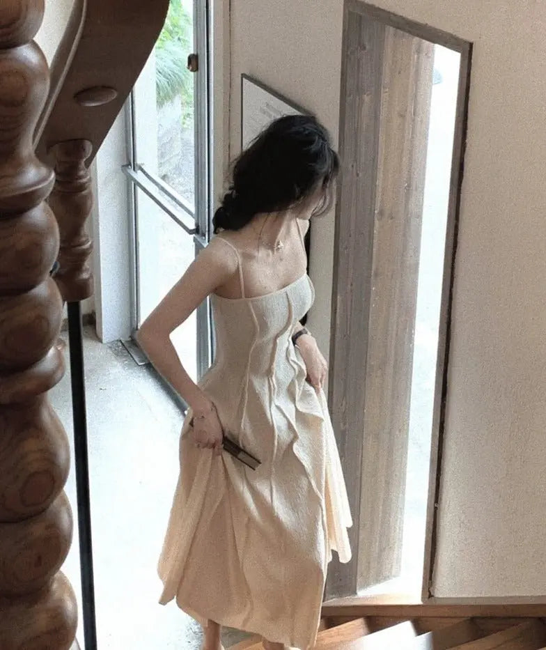 Vintage Spaghetti Strap A-line Dress Summer Slim Waist Sleeveless Mid-Length vestidos - Blade & Thread