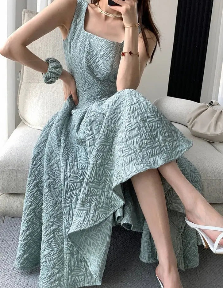 Vintage Square Collar A-line Dress Summer Sleeveless Slim Waist Female Midi Dress - Blade & Thread