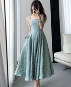 Vintage Square Collar A-line Dress Summer Sleeveless Slim Waist Female Midi Dress nowadaysfashion