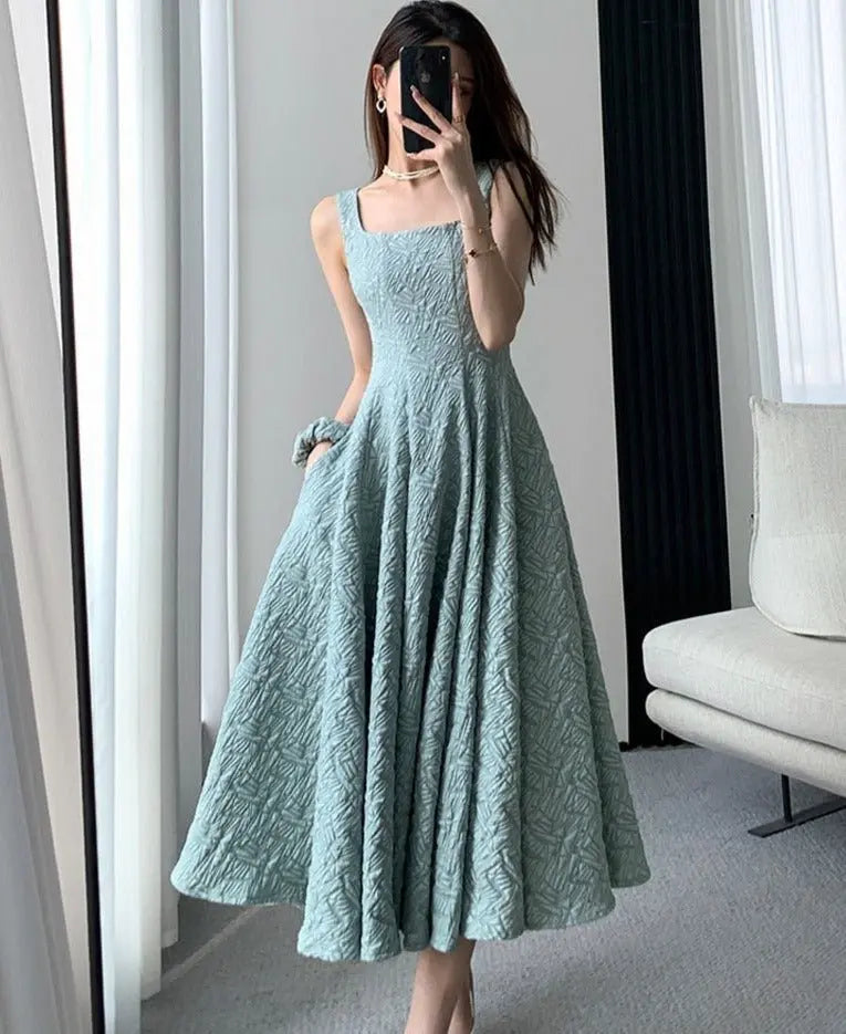 Vintage Square Collar A-line Dress Summer Sleeveless Slim Waist Female Midi Dress - Blade & Thread