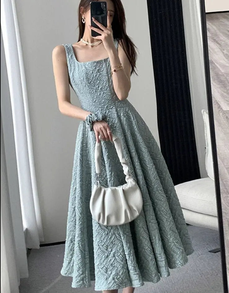 Vintage Square Collar A-line Dress Summer Sleeveless Slim Waist Female Midi Dress nowadaysfashion