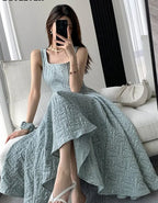 Vintage Square Collar A-line Dress Summer Sleeveless Slim Waist Female Midi Dress nowadaysfashion