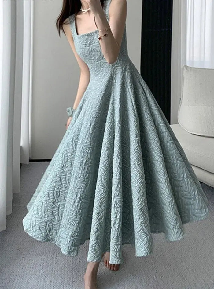 Vintage Square Collar A-line Dress Summer Sleeveless Slim Waist Female Midi Dress - Blade & Thread