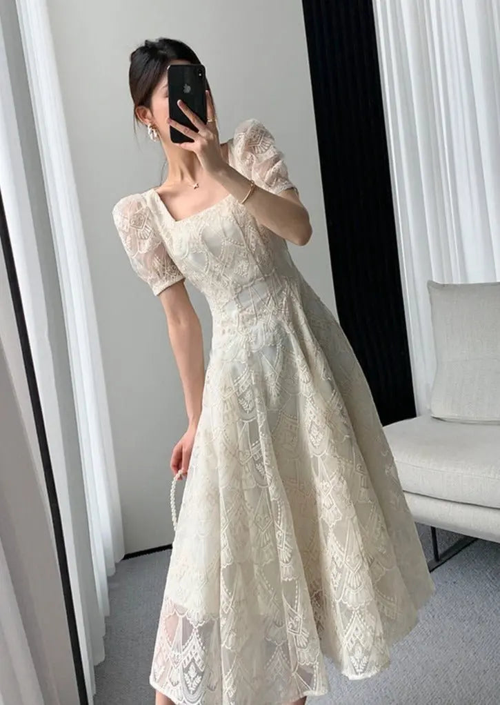 Vintage Square Collar Lace Dress Women Short Sleeve Slim Waist Embroidery Female nowadaysfashion