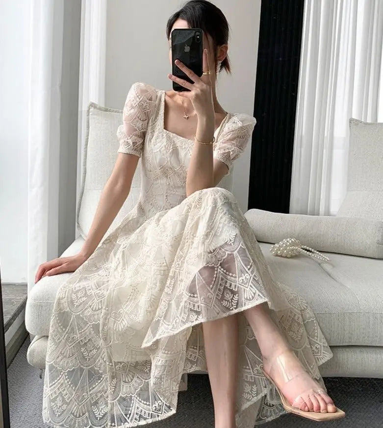 Vintage Square Collar Lace Dress Women Short Sleeve Slim Waist Embroidery Female nowadaysfashion