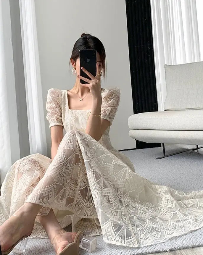 Vintage Square Collar Lace Dress Women Short Sleeve Slim Waist Embroidery Female - Blade & Thread