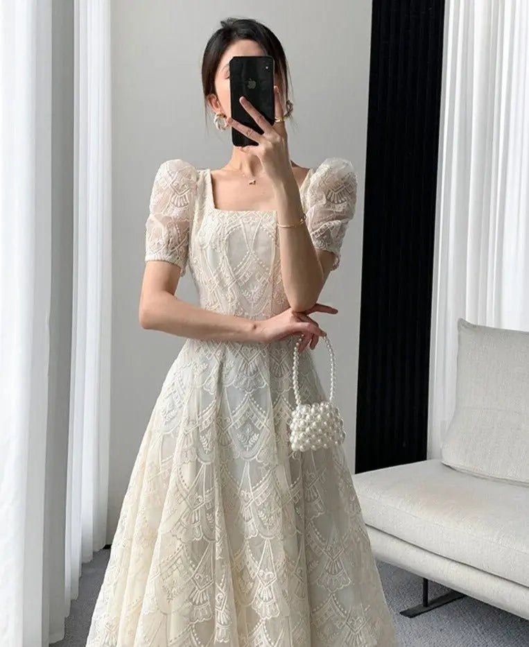 Vintage Square Collar Lace Dress Women Short Sleeve Slim Waist Embroidery Female nowadaysfashion