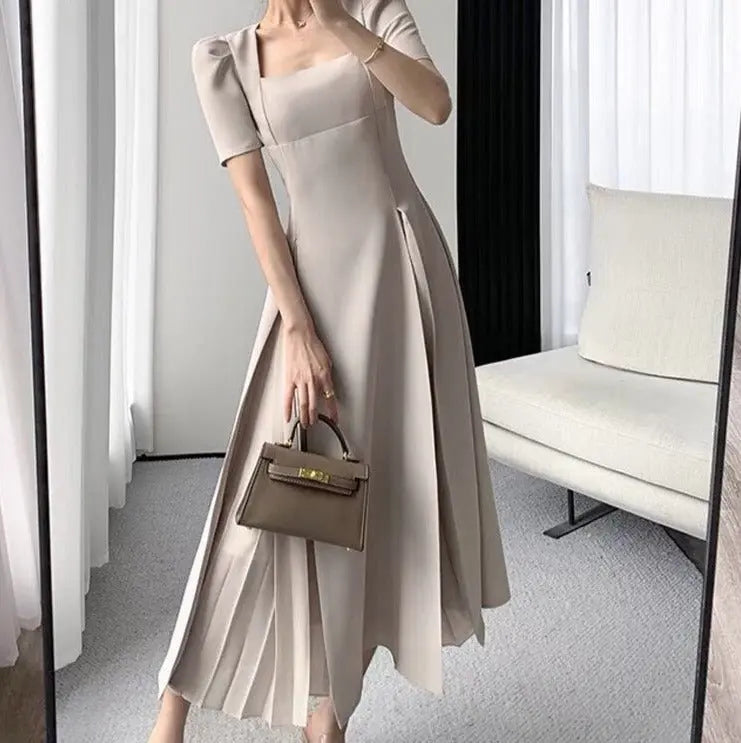 Vintage Square Collar Mid-Length Dress Elegant Short Sleeve Slim Waist Mesh nowadaysfashion