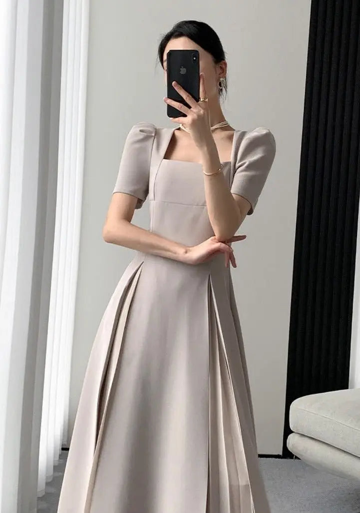 Vintage Square Collar Mid-Length Dress Elegant Short Sleeve Slim Waist Mesh nowadaysfashion